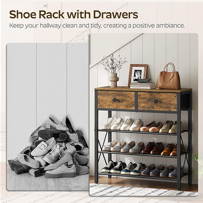 YATINEY 4 Tier Shoe Rack, Large Capacity Shoe Storage Organizer, Metal Shoe Shelf with Drawer and Wooden Top, for 16 Pairs of Shoes, for Entryway, Closet, Rustic Brown and Black SS24BR