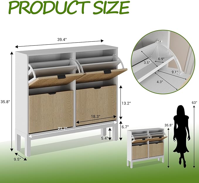 IDEALHOUSE Shoe Storage Cabinet with 4 Flip Drawers, Farmhouse Fluted Shoe Organizer with Metal Legs, Freestanding Hidden Slim Narrow Shoe Rack for Entryway, Foyer, Hallway