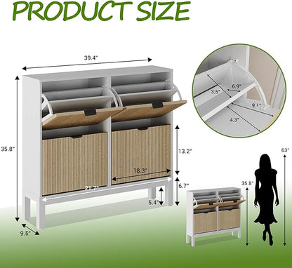 IDEALHOUSE Shoe Storage Cabinet with 4 Flip Drawers, Farmhouse Fluted Shoe Organizer with Metal Legs, Freestanding Hidden Slim Narrow Shoe Rack for Entryway, Foyer, Hallway