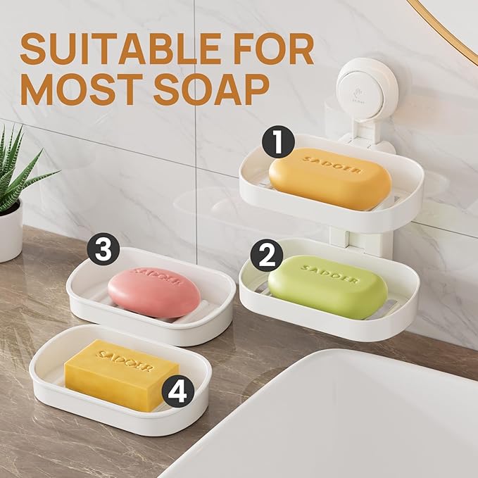 LEVERLOC Soap Dish Holder for Shower, Double Layer Suction Cup Wall Mounte Self Draining Removable Waterproof Strong Suction Bar Soap Holder for Shower, White
