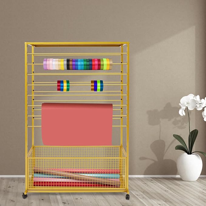 16-Tier Double-Sided Ribbon Holder Organizer Rack with Storage Basket & Wheels, Multifunctional Flower Wrapping Paper Display Stand for Craft Rooms, Flower Shops (Gold, 39.37''W x 12.6''D x 59.06''H)