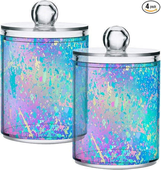 4 Pack Qtip Holder Dispenser Rainbow Grid Marble Cotton Ball Cotton Swab Round Pads Floss Clear Bathroom Storage Containers Plastic Apothecary Jars with Lids
