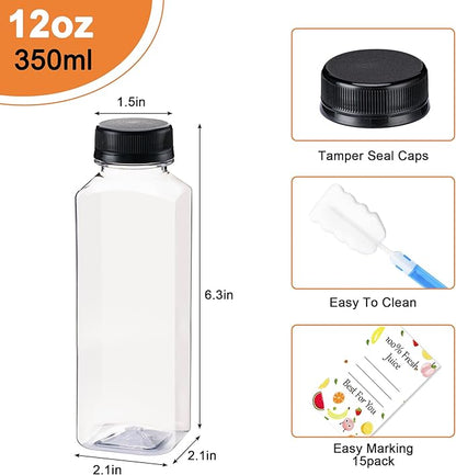 BOOMIBOO Juice Bottles with Caps 15Pcs 12oz, Plastic Bottles with Caps, Clear Reusable Water Bottle, Used for Juice Containers - with 15Pcs Labels & Bottle Brush