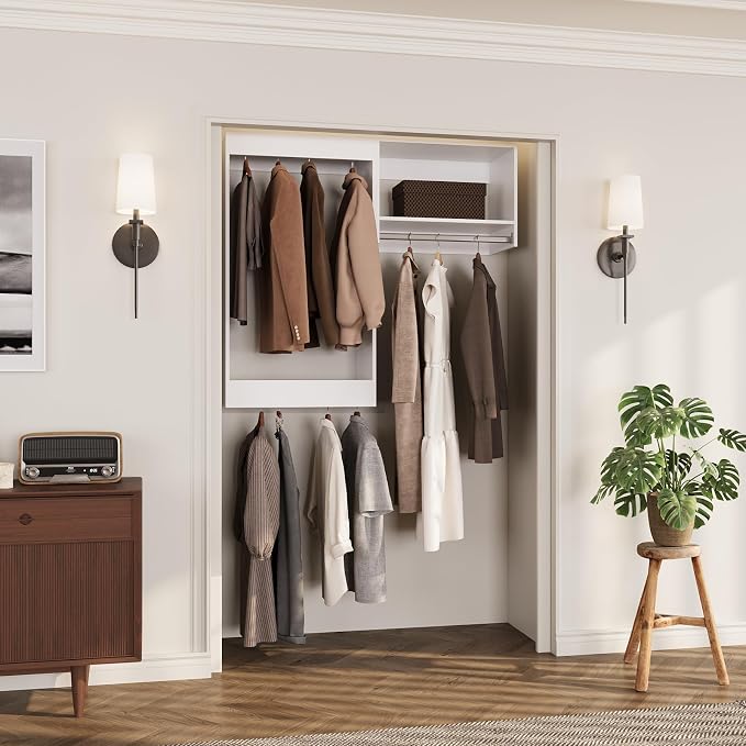 ROOMTEC Modular Closet System, 64" Wall-Mounted Closet Organizer with Hanging Rods, Wooden Tower for Walk-In Closets, Wardrobe Storage Kit, White