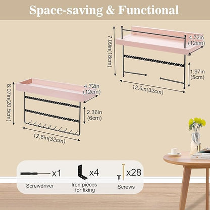 Lolalet Hanging Jewelry Organizer Wall Mount with Earrings Bracelets Necklaces Hooks, Easy Install Free Combination Holder for Wall Bathroom - Set of 2, Pink