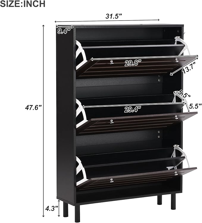 Classic Shoe Cabinet with 3 Flip Doors Free-Standing Wooden Shoe Rack Shoe Storage Organizer for Entryway Hallway Small Space (Black&Dark Brown)