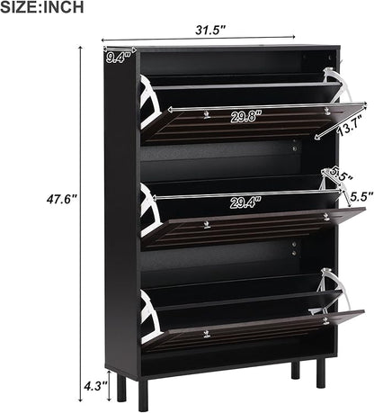 Classic Shoe Cabinet with 3 Flip Doors Free-Standing Wooden Shoe Rack Shoe Storage Organizer for Entryway Hallway Small Space (Black&Dark Brown)