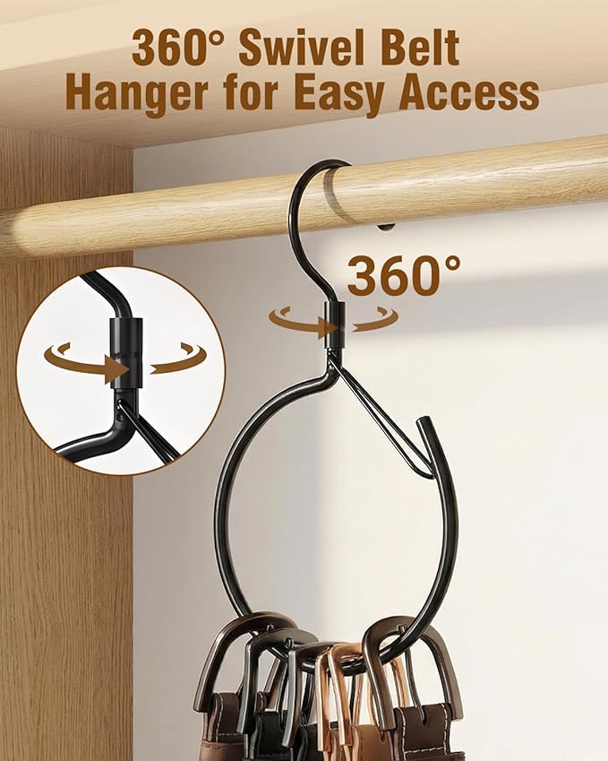 Supforce 4 Pack Belt Hanger, 360° Swivel Belt Hanger for Closet, Belt Organizer for Closet, Holds Ties, Scarves, Bags, Hat & Accessories, Black