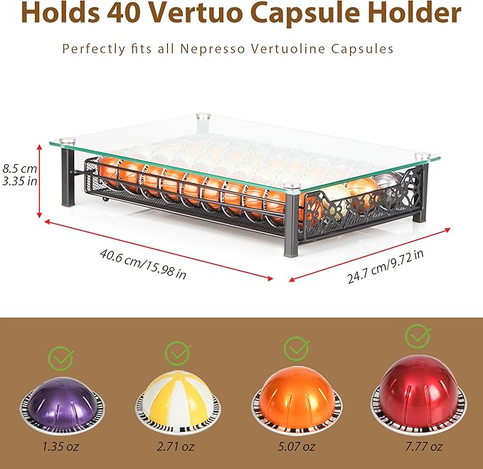 RECAPS Coffee Pod Kitchen Organizer Storage Holder Pod Drawer Pods Holder Compatible with Vertuoline and VertuolinePlus Machines Tempered Glass Drawer Stores 40 Coffee Pods(Coffee Pods NOT Included)
