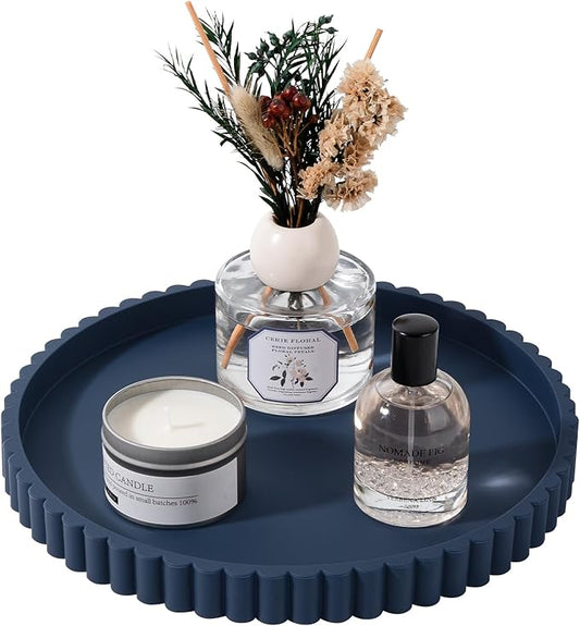 Round Bathroom Tray Silicone Kitchen Counter Decor Vanity Organizer Decorative Coffee Table Tray for Perfume, Candle, Soap Dish, 10 Inch, Dark Blue