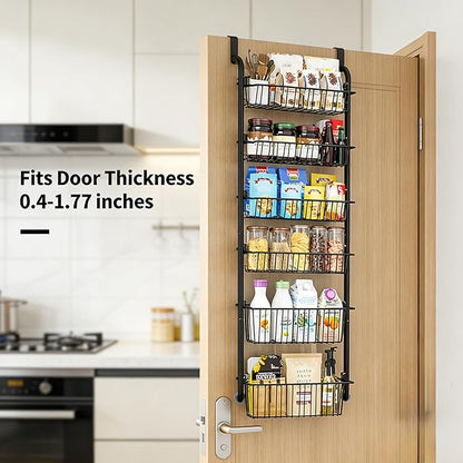 Over The Door Organizer - 4/6/8 Tier Removable Metal Storage Baskets for Pantry Bathroom Back of Door Adjustable Door Hanger Rack Black