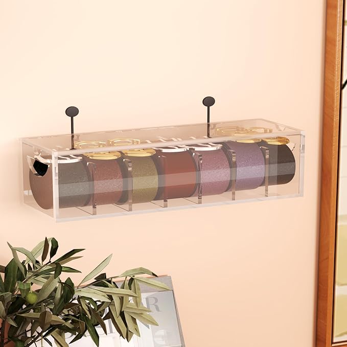 Acrylic Belt Organizer with Dust Cover – Clear Belt Storage Box for Closet or Drawer, Belt and Tie Display Holder Case with 7 Compartments for Men and Women
