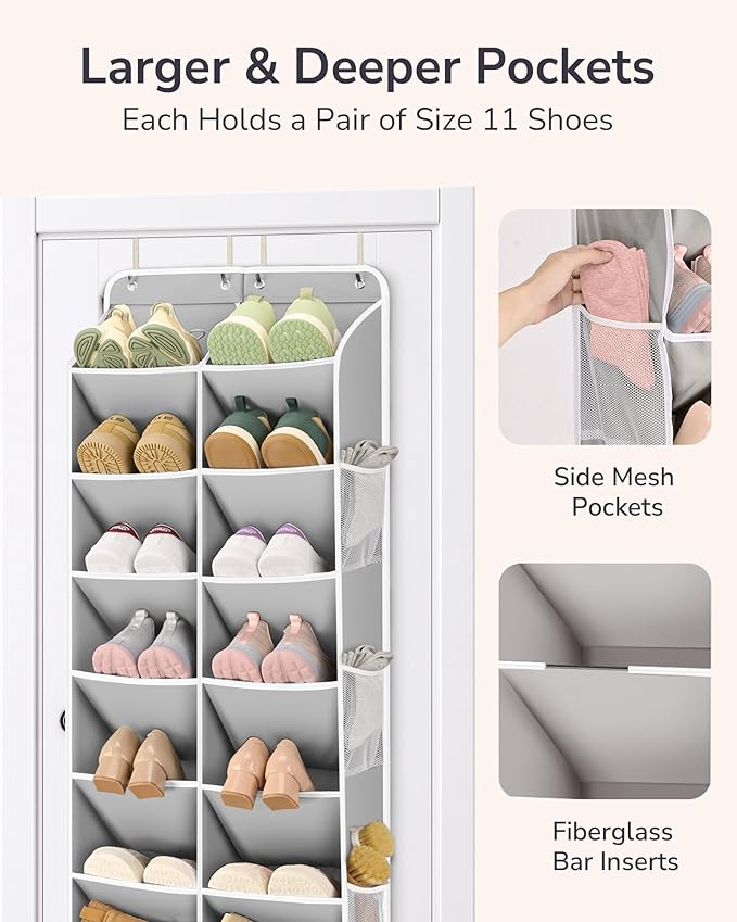 ULG Over The Door Shoe Organizer for Closet Fit 24-32 Pairs with Large Deep Pockets, Narrow Shoe Rack for Door Hanging Boots Storage, Black