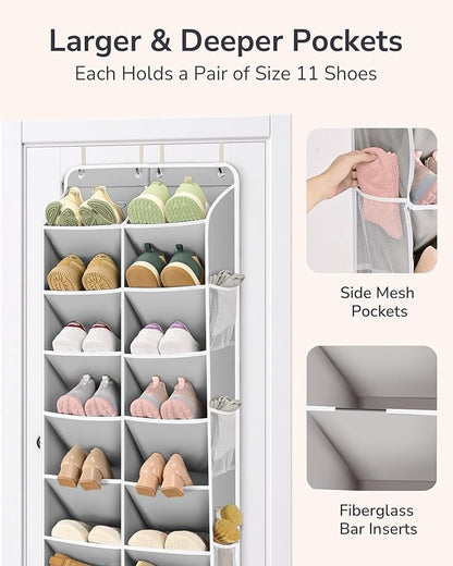 ULG Over The Door Shoe Organizer for Closet Fit 24-32 Pairs with Large Deep Pockets, Narrow Shoe Rack for Door Hanging Boots Storage, Black