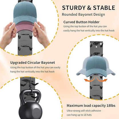 Hat Organizer 2-Pack, Strong Fixed Hat Rack for Wall - Multi-Tier Holds 18 Caps, Space Saving Closet Door Organizer, No Drill Mount for Bedroom/Entryway(2PCSBlack)