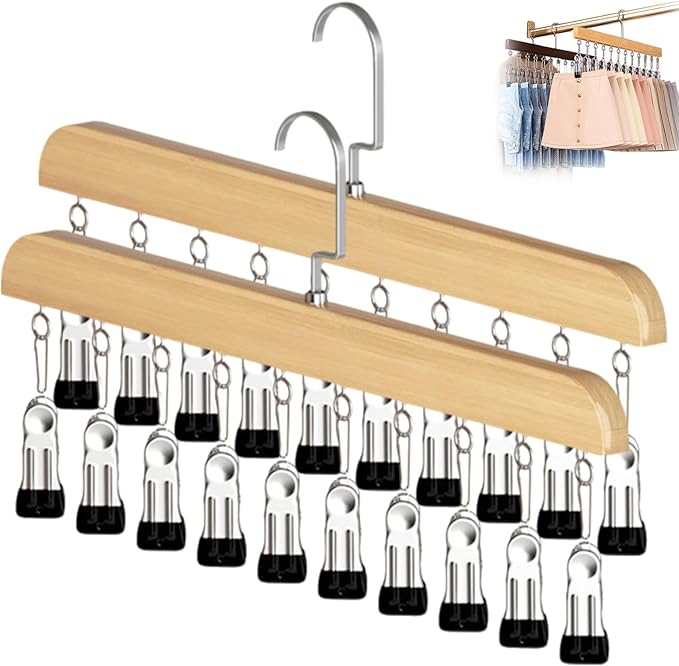 Closet Organizer with 10 Clips, Space Saving Hanging Closet Organizer, Space-Saving Closet Organizers and Storage with Sturdy Steel Non-Slip Clips (2, Natural Wood Color)