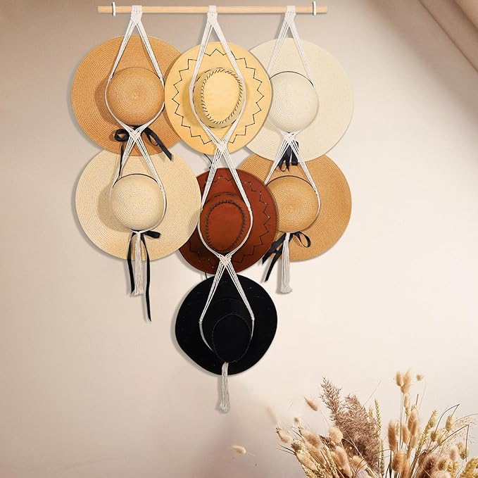 ZYP 7 Hats Style Macrame Hat Hanger Hat Rack for Wall,Women Decor Hat Holder,Bobo Hanging Hat Organizer Storage,Hats Display for Wide Brim Hats Cowboy Hat Bowler Fedora Hats Beach Sun Hat
