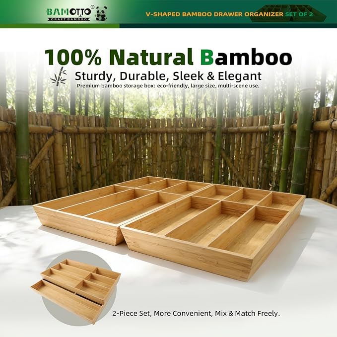 BAMOTTO CRAFTBAMBOO 13 Slot V-Shaped Bamboo Drawer Organizer Set of 2, Extra Large Cutlery Tray - Easy Reach Flatware Silverware Utensil Storage for Kitchen (19.6"x14.6" & 19.6"x12.4")