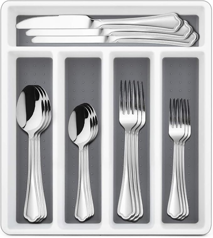 HaWare 40-Piece Silverware Set with Drawer Organizer Tray, Stainless Steel Flatware Cutlery Utensils, Timeless and Elegant Design for Home Hotel Wedding, Mirror Polished and Dishwasher Safe
