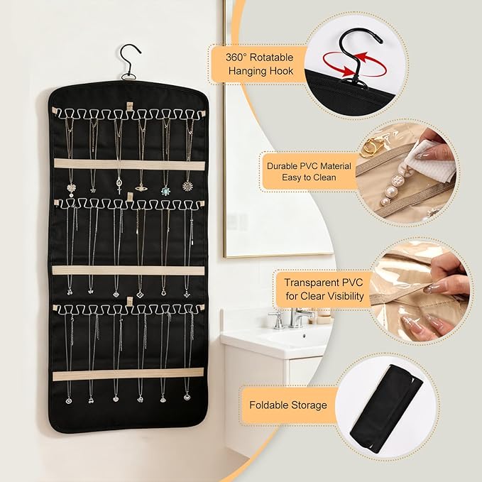 Hanging Jewelry Organizer Storage Roll with 39 Clear Pockets Double-Sided Foldable, Necklace Organizer Tangle Free, Travel Jewelry Holder for Earrings, Rings, Bracelets, Hanging on Closet, Wall, Door