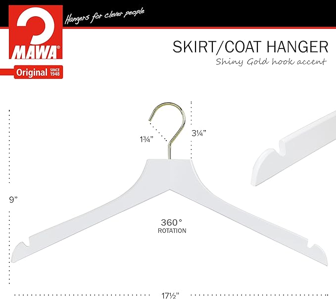 MAWA by Reston Lloyd, European Wooden Hanger, Beech Wood Straight Hanger with Shoulder Notches, Rotating Gold Hook, White Finish, for Shirts, Blazers, Dress Clothes, Set of 5 (27135)