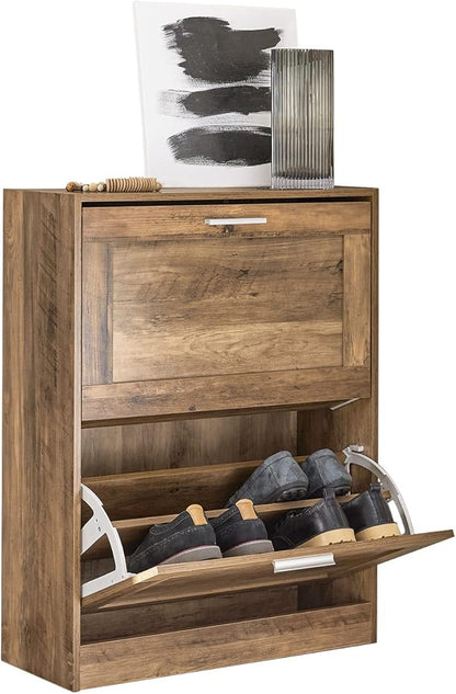 SoBuy Narrow Shoe Cabinet Entryway, Slim Shoe Rack 2 Flip-Drawers, Shoe Storage Cupboard for Hallway Brown FSR137-F