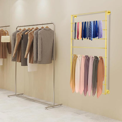 10 Tiers Tie & Scarf Rack, Wall Mounted Scarf Rack, Wall Display Rack, Multifunctional Metal Rack, Towels Storage Rack, Ribbon Holder Wall Display Rack for Accessory Stores Flower Shops (Gold)