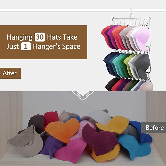 ZEDODIER Hat Hanger Hat Rack for Baseball Caps, 30 Hooks, Space Saving Hat Holder Closet Organizers and Storage, Silver