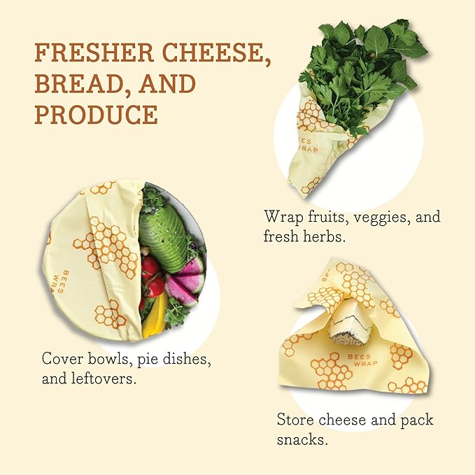 Bee's Wrap Beeswax Wraps for Food - 3 Pack of Assorted Beeswax Wraps - Small, Medium & Large Wrap - Plastic Free Made in USA Reusable Natural Food Wrap - Honeycomb Print