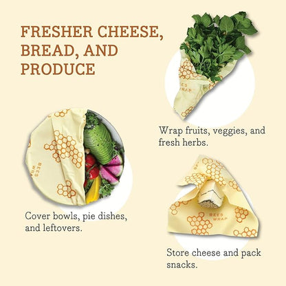 Bee's Wrap Beeswax Wraps for Food - 3 Pack of Assorted Beeswax Wraps - Small, Medium & Large Wrap - Plastic Free Made in USA Reusable Natural Food Wrap - Honeycomb Print