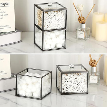 Hipiwe Glass Qtip Holder Dispenser 2-Tier Stackable Apothecary Jar with Lid Clear Bathroom Containers Cotton Ball & Swab Canister Vanity Organizer for Q-tip, Cotton Round, Floss, Makeup Pads