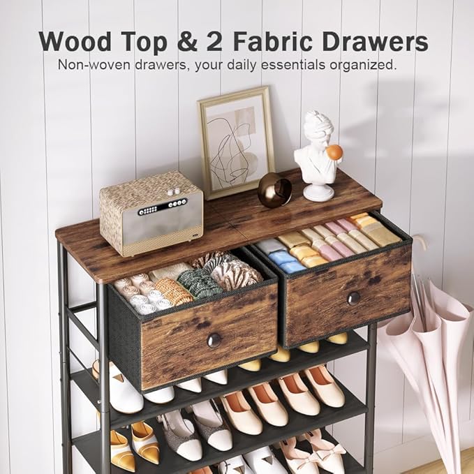 INGIORDAR Shoe Rack Organizer 5 Tier Metal Organizer Shelf with Industrial MDF Board and Layer Fabric for Entryway Closet Bedroom Living Room Garage (Black+Rustic Brown, 5 Tier with 2 Drawers)