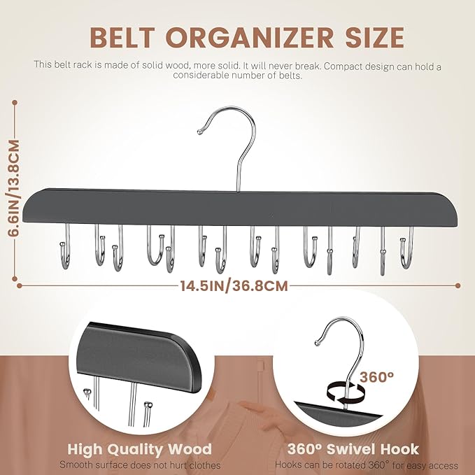 ASTIMESA Solid Wood Belt Hanger, 14 Hooks Belt Organizer Space Saver for Closet, 360° Rotating Belt Holder Tie Rack for Men Women Dorm Bra Purse Scarf Tank Top Storage Accessories (Black)