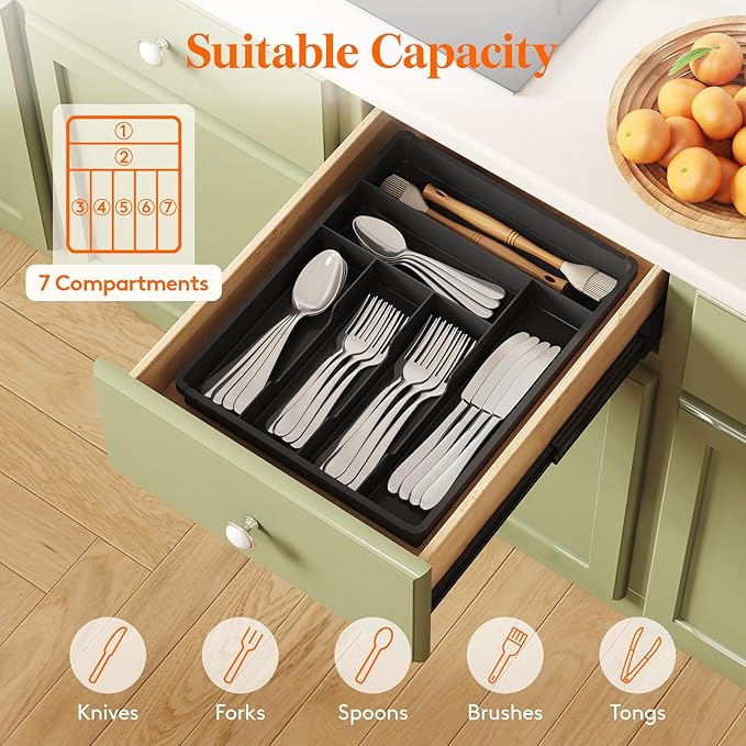 Lifewit Silverware Drawer Organizer Tray, Plastic Cutlery Storage for Kitchen, Flatware and Utensil Holder Divider for Spoons Forks Knives Tableware, 12.3 x 16", 7 Slots, Black