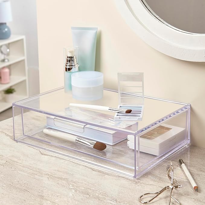 STORi Audrey Stackable Clear Bin Plastic Organizer Drawer | Organize Eyeshadow Palettes, Cosmetics, and Beauty Supplies on a Vanity | Made in USA