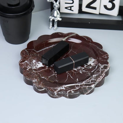 Round Marble Decorative Tray with Scalloped Edge, Luxury Natural Stone Bathroom Vanity Tray, Dresser Top Perfume Coffee Home Kitchen Sink Tray, Key Trinket Ring