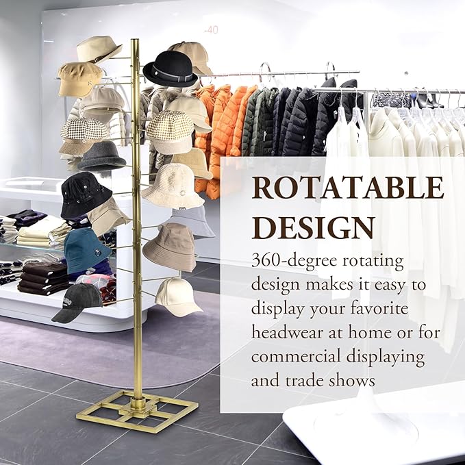 MyGift Freestanding Cowboy Hat Display Rack, 360 Degree Rotating Wig or Baseball Cap Organizer Stand with 20 Customizable Circular Hooks, 6 Foot Height, Brass-Tone Metal