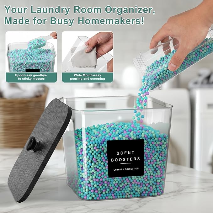POLRAI 4 Pack Laundry Pod Containers and Dryer Sheet Holder with Bamboo Lids and Labels Laundry Room Organization Containers for Scent Booster Powder Detergent Pods Storage