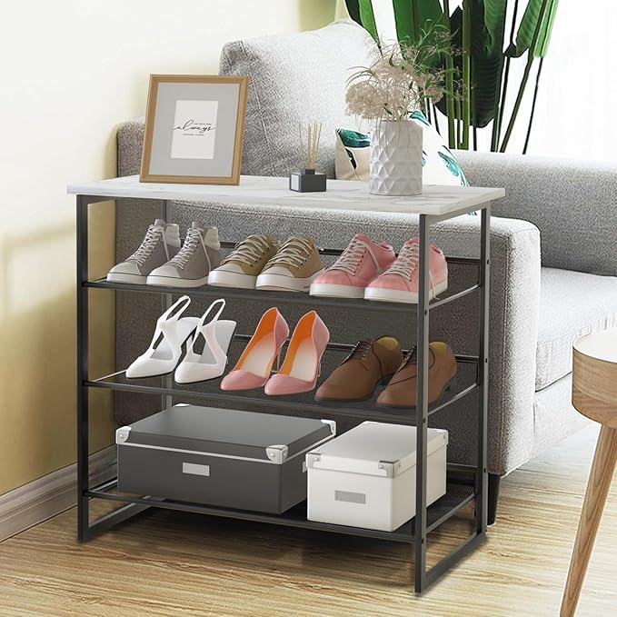 Garden 4 you Shoe Rack for Entryway 4 Tiers 11.8" D x 25" W x 28" H, Metal Shoe Rocks with White Wooden Tabletop, Angled Shoes Rack with Adjustable Mesh Shelves for Entryway Hallway Closet