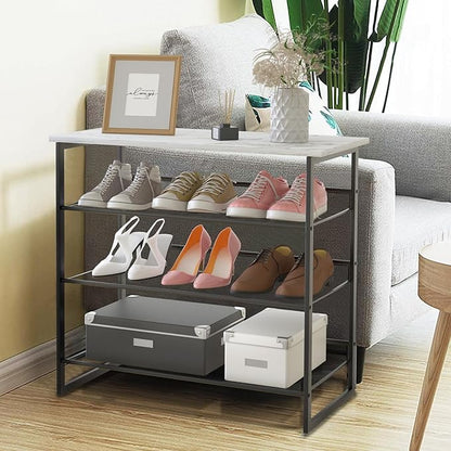 Garden 4 you Shoe Rack for Entryway 4 Tiers 11.8" D x 25" W x 28" H, Metal Shoe Rocks with White Wooden Tabletop, Angled Shoes Rack with Adjustable Mesh Shelves for Entryway Hallway Closet