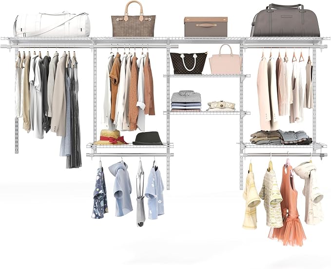 Giantex Closet Organizer System, Wall-mounted Custom Closet Kit w/Adjustable Storage Shelves, Wardrobe Clothes Rack w/Hanging Rods, Perfect for Coats, Pillows, Blanket (White, 98.5"x13.5"x48)