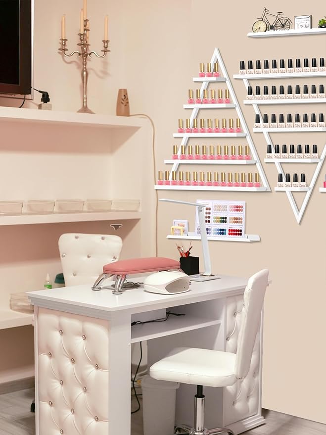 10PCS Metal Wall-mounted Nail Polish Storage Racks, Lorvain 5 Tiers White Triangular Display Rack Cosmetic Display Case Lipstick Perfume Wall Shelf Essential Oil Organizer for Home Spa Nail Salon Shop