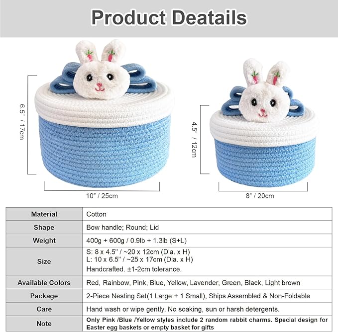 Cute Storage Baskets with Lids, Small Round Woven Rope Basket with Lid, Small Toy Box for Kids or Cat, Cute Basket for Gift, Decorative Basket with Chic Bow Handle, Blue