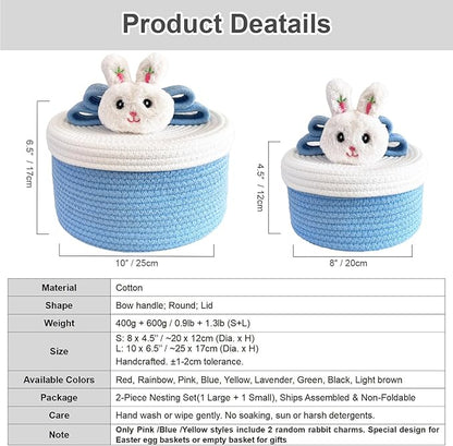 Cute Storage Baskets with Lids, Small Round Woven Rope Basket with Lid, Small Toy Box for Kids or Cat, Cute Basket for Gift, Decorative Basket with Chic Bow Handle, Blue