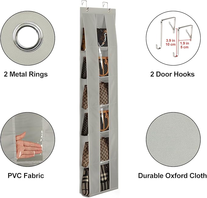 Lirex Over the Door Organizer, 2 Pack Handbag Storage with 6-Tier Space-Saving for Door or Closet, Handbag Hanger, Grey