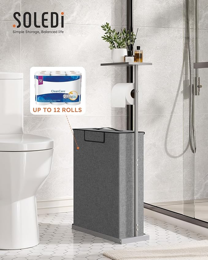 Freestanding Toilet Paper Holder Stand with Shelf for Up to 12 Rolls,Rustproof Metal Bathroom Toilet Paper Storage with Lid, All-in-One Toilet Tissue Roll Dispenser and Organizer,Gray