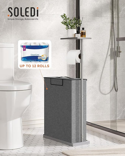 Freestanding Toilet Paper Holder Stand with Shelf for Up to 12 Rolls,Rustproof Metal Bathroom Toilet Paper Storage with Lid, All-in-One Toilet Tissue Roll Dispenser and Organizer,Gray