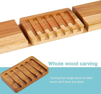 Soap Dish with Slanted Waterfall Design by HTB, Bar Soap Holder Teak Wood, Soap Saver for Shower, Bathroom, Sink, Kitchen and Countertop