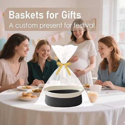 JMvicyroam Woven Basket,Small Rope Storage Bin with Handles & Ribbon Bag, Organizer for Shelves Closets,Gift Basket Empty for Birthday,Books,Dog Toys, White&Black