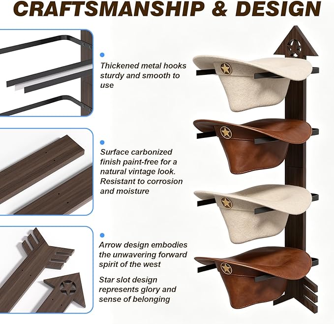 2 Pack Cowboy Hat Rack for Wall – Rustic Cowboy Hat Holder with Arrow Design and 4-Tier Hat Hooks Western Decor Hat Storage– Vintage Cowboy Hanger for Wall
